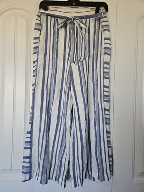 Striped Blue and White Wide-Leg Pants with Tie Waist